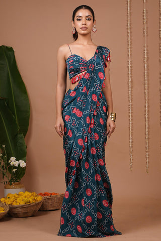 Drape saree for Indian Wedding – Teal Blue Red Bandhej Printed by AHI Clothing