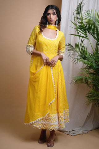 Yellow sitara bandhani digital print anarkali set