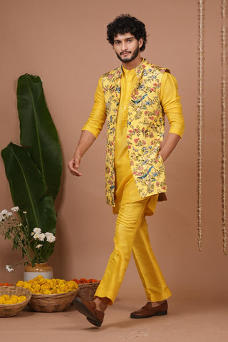 Kurta pajama set for Indian Wedding – Yellow Printed Open Jacket by AHI Clothing