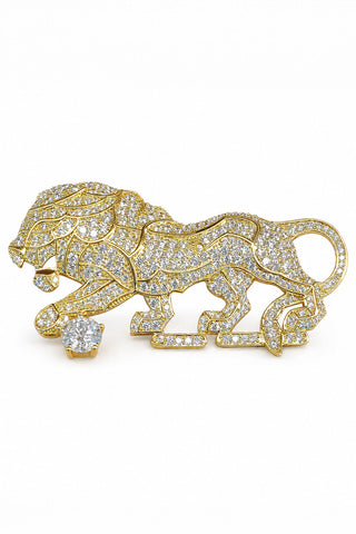 Flat product view of the gold zircon lion brooch showing dense zircon pave at Mrs. G