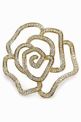 Flat product view of the gold zircon floral brooch showing zircon outline in polished gold plating at Mrs. G