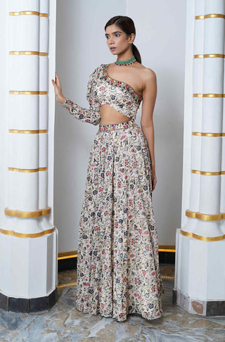 Cream floral one shoulder blouse and lehenga