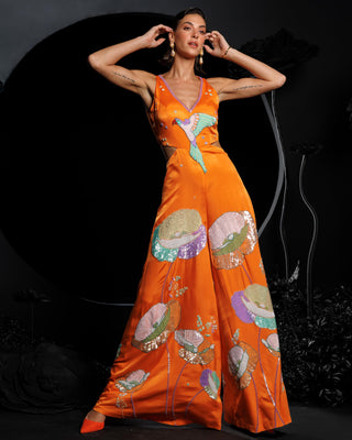 Orange sun kissed lotus embroidered jumpsuit