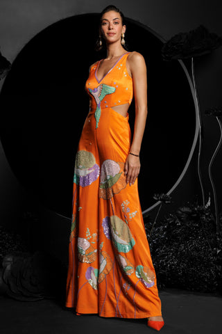 Orange sun kissed lotus embroidered jumpsuit