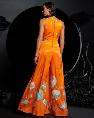 Orange sun kissed lotus embroidered jumpsuit