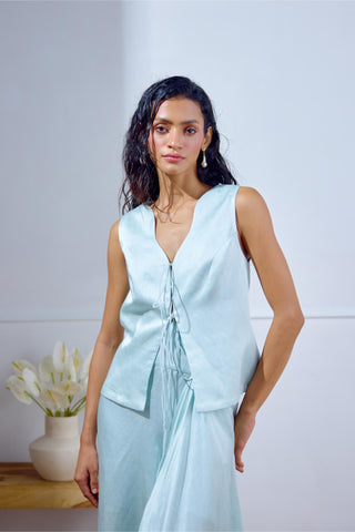 Draped Skirt Set – Blue Resort-Day Tie-Up Top – Lavanya Ahuja