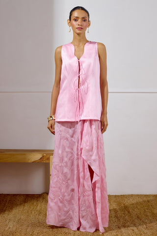 Draped Skirt Set – Pink Resort-Day Tie-Up Top – Lavanya Ahuja