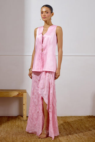 Draped Skirt Set – Pink Resort-Day Tie-Up Top – Lavanya Ahuja