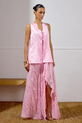 Draped Skirt Set – Pink Resort-Day Tie-Up Top – Lavanya Ahuja