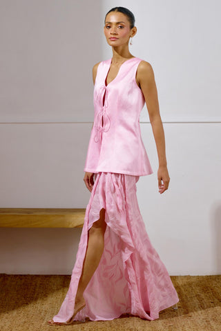 Draped Skirt Set – Pink Resort-Day Tie-Up Top – Lavanya Ahuja