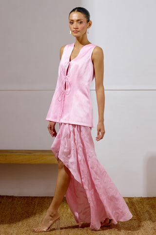 Draped Skirt Set – Pink Resort-Day Tie-Up Top – Lavanya Ahuja
