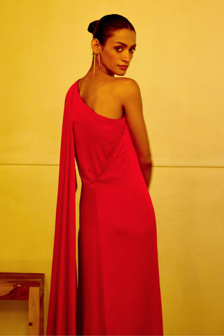 Saree Dress – Red Resort-Day Draped Saree – Lavanya Ahuja