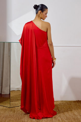 Saree Dress – Red Resort-Day Draped Saree – Lavanya Ahuja