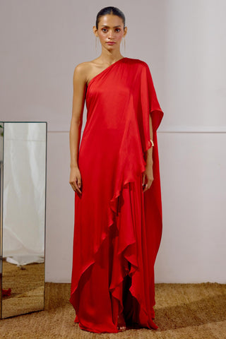 Saree Dress – Red Resort-Day Draped Saree – Lavanya Ahuja
