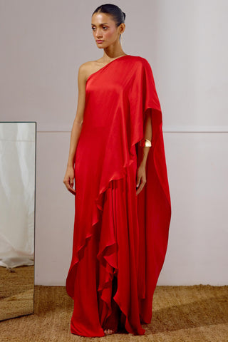Saree Dress – Red Resort-Day Draped Saree – Lavanya Ahuja