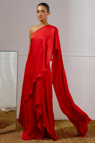 Saree Dress – Red Resort-Day Draped Saree – Lavanya Ahuja