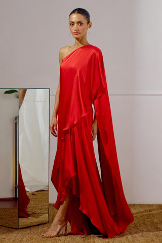 Saree Dress – Red Resort-Day Draped Saree – Lavanya Ahuja