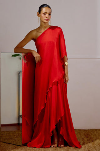 Saree Dress – Red Resort-Day Draped Saree – Lavanya Ahuja