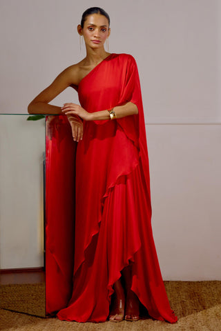 Saree Dress – Red Resort-Day Draped Saree – Lavanya Ahuja