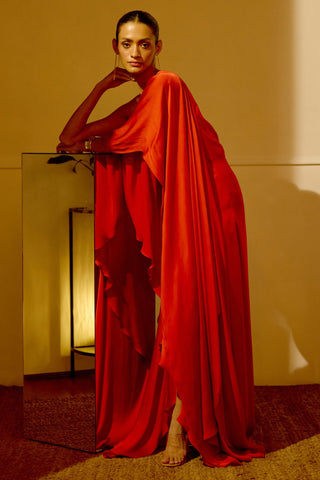Saree Dress – Red Resort-Day Draped Saree – Lavanya Ahuja