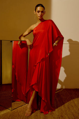 Saree Dress – Red Resort-Day Draped Saree – Lavanya Ahuja
