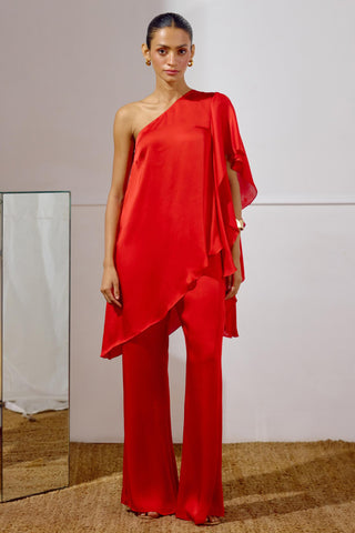 Tunic with Pant – Red Resort-Day One-Shoulder – Lavanya Ahuja