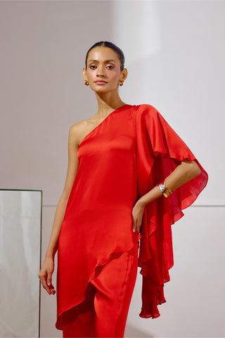 Tunic with Pant – Red Resort-Day One-Shoulder – Lavanya Ahuja