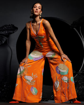 Orange sun kissed lotus embroidered jumpsuit