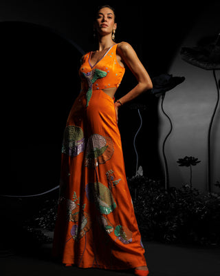 Orange sun kissed lotus embroidered jumpsuit