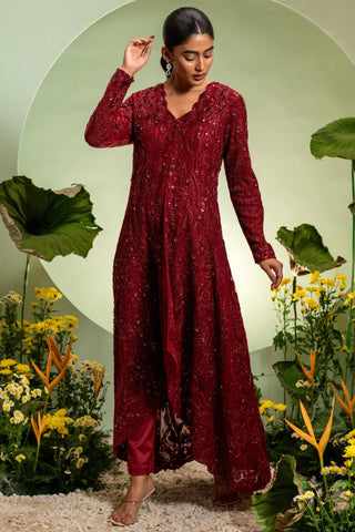 Long Jacket Set for Indian Wedding – Red Eden by Pallavi Poddar