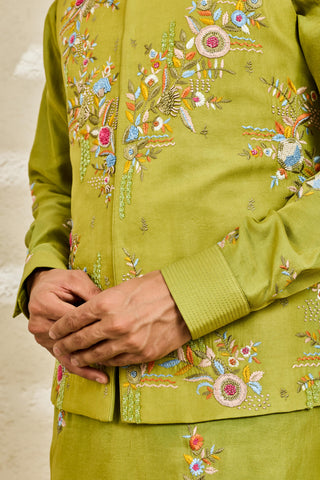 Waistcoat Set for Indian Wedding - Green Tota Phool by Sarab Khanijou