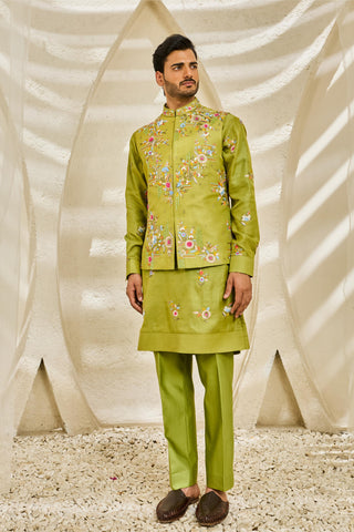 Waistcoat Set for Indian Wedding - Green Tota Phool by Sarab Khanijou