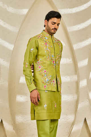 Waistcoat Set for Indian Wedding - Green Tota Phool by Sarab Khanijou
