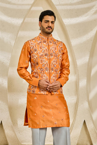Waistcoat Set for Indian Wedding - Orange Bloom Set by Sarab Khanijou