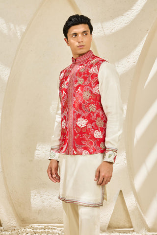 Waistcoat Set for Indian Wedding - Red Scarlet Bloom by Sarab Khanijou