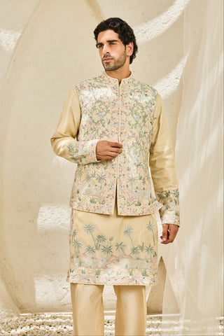 Waistcoat Set for Indian Wedding - Beige Tropica Set by Sarab Khanijou