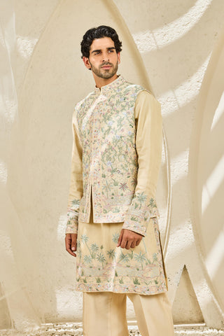 Waistcoat Set for Indian Wedding - Beige Tropica Set by Sarab Khanijou