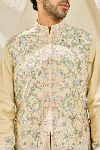 Waistcoat Set for Indian Wedding - Beige Tropica Set by Sarab Khanijou
