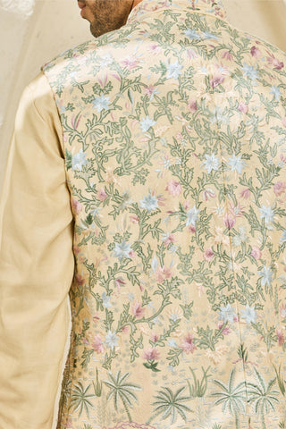 Waistcoat Set for Indian Wedding - Beige Tropica Set by Sarab Khanijou