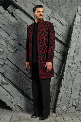 Indowestern Set for Indian Wedding - Black Jamawar by Sarab Khanijou