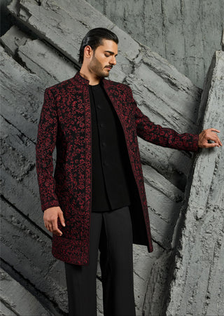 Indowestern Set for Indian Wedding - Black Jamawar by Sarab Khanijou