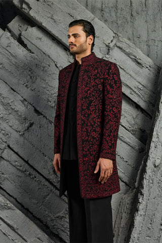 Indowestern Set for Indian Wedding - Black Jamawar by Sarab Khanijou
