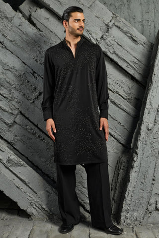 Kurta Set for Indian Wedding - Black Katdana Kurta by Sarab Khanijou