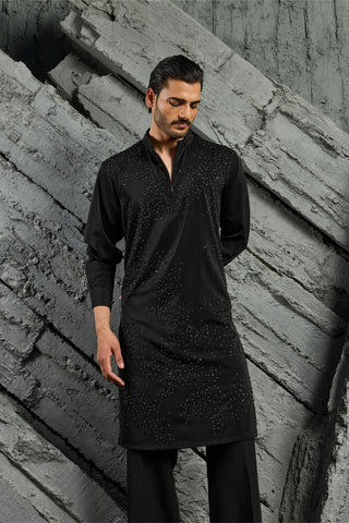 Kurta Set for Indian Wedding - Black Katdana Kurta by Sarab Khanijou