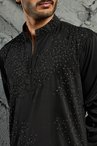 Kurta Set for Indian Wedding - Black Katdana Kurta by Sarab Khanijou