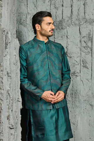 Waistcoat Set for Indian Wedding - Green Wave Set by Sarab Khanijou