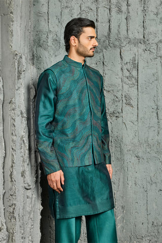 Waistcoat Set for Indian Wedding - Green Wave Set by Sarab Khanijou