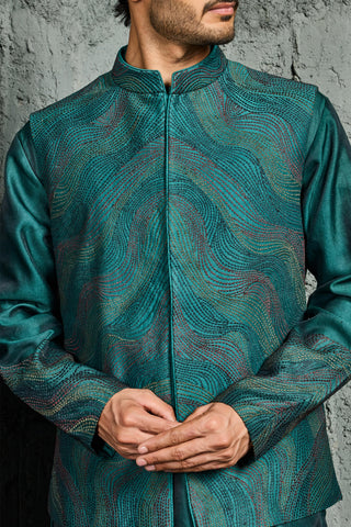 Waistcoat Set for Indian Wedding - Green Wave Set by Sarab Khanijou