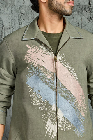Shacket Set for Contemporary Wear - Green Paint Strokes by Sarab Khanijou
