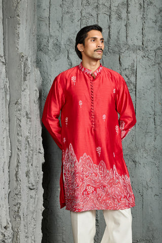 Kurta Set for Indian Wedding - Red Gulrang Ridge by Sarab Khanijou